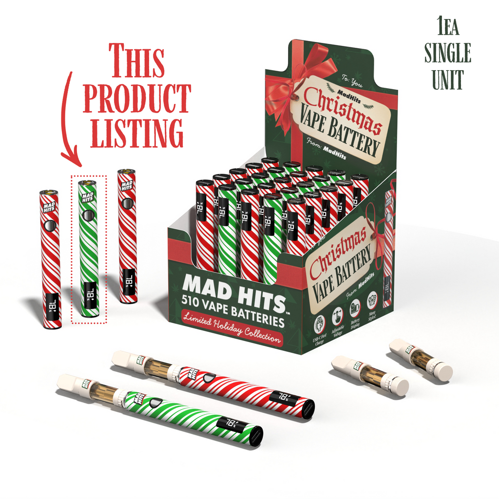 MadHits™ Slapz 2.0 – Christmas Candy Cane – Green Vape Battery (Single Unit) image 1