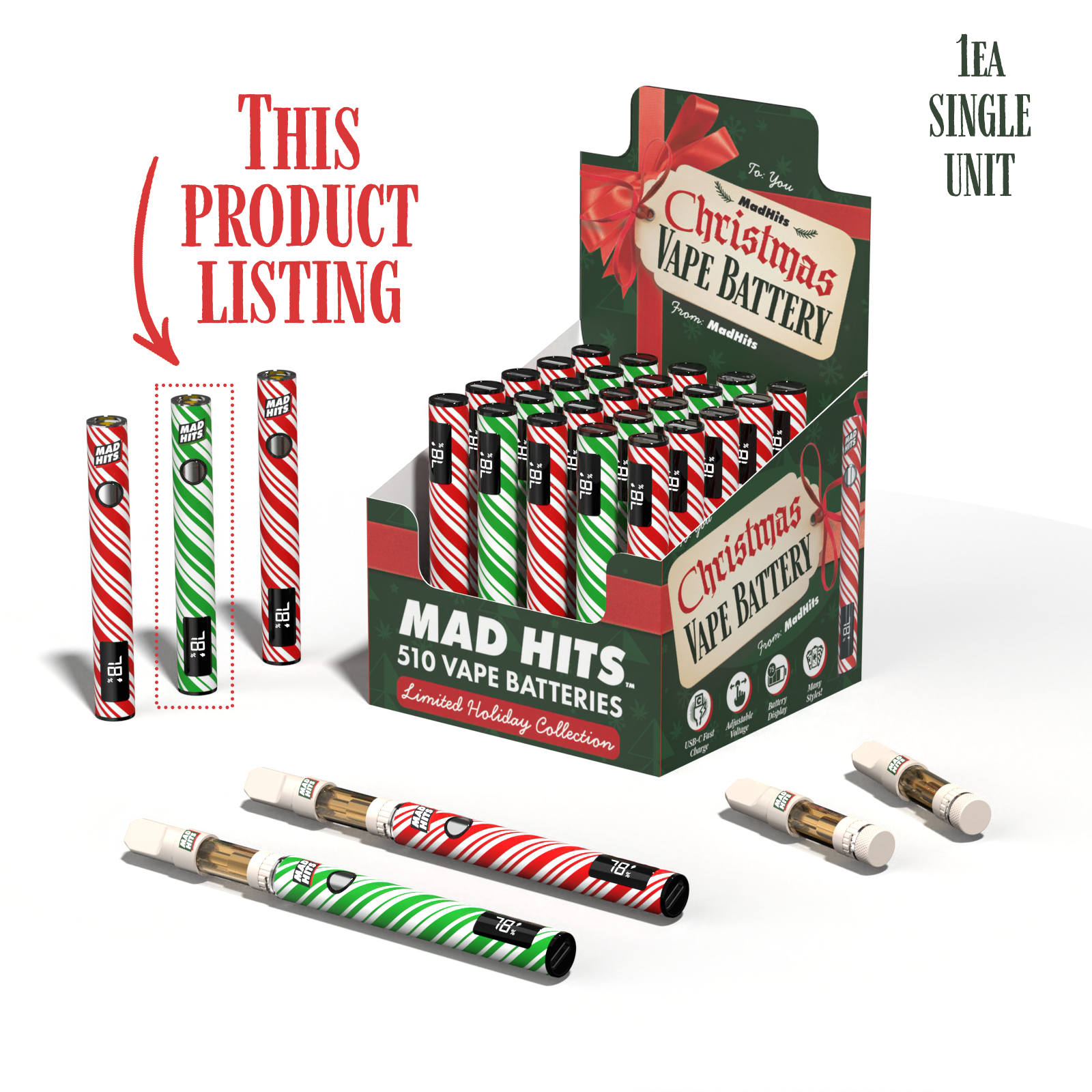 MadHits™ Slapz 2.0 – Christmas Candy Cane – Green Vape Battery (Single Unit) image 1