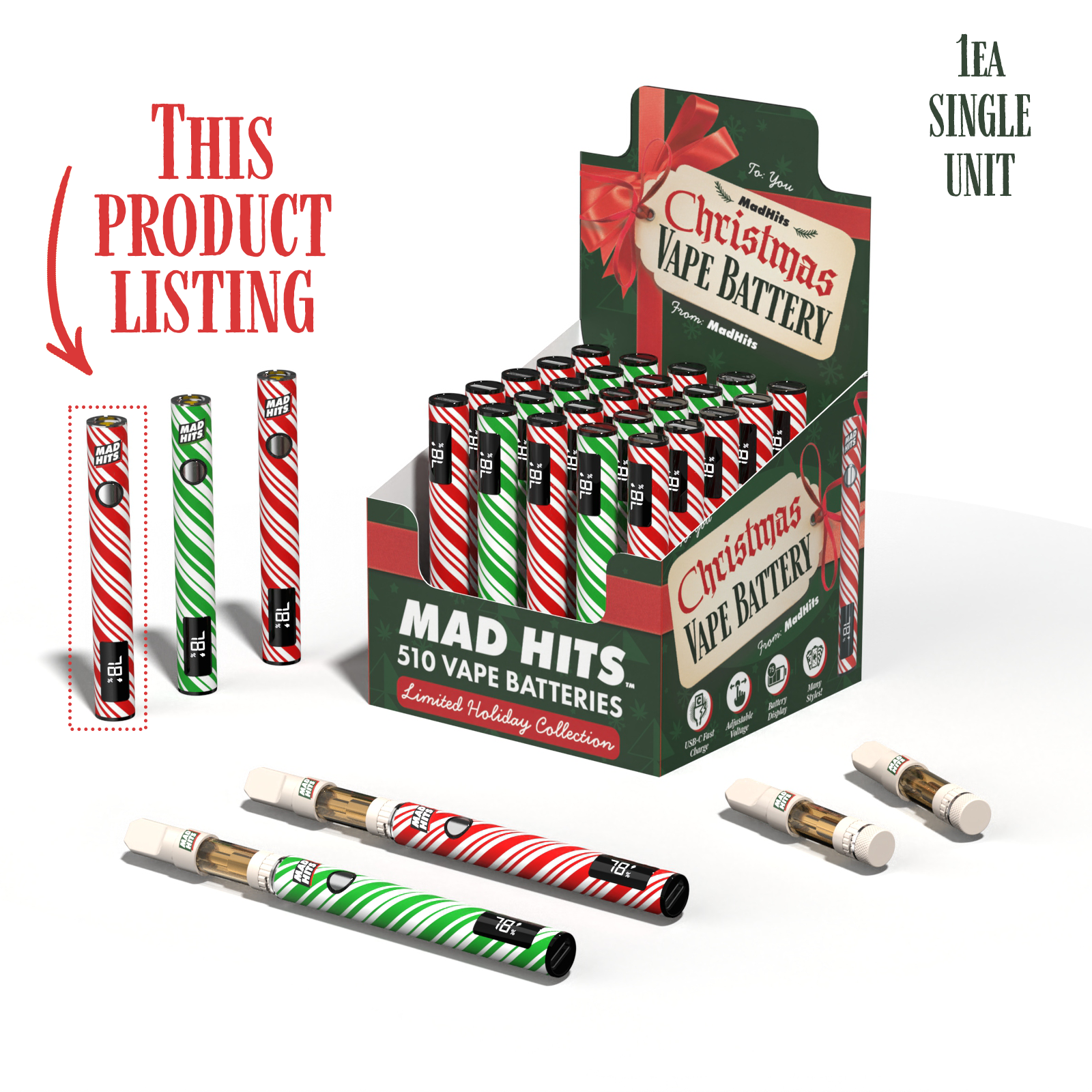 Mad Hits™ Slapz 2.0 – Christmas Candy Cane – Red Vape Battery (Single Unit) image 1